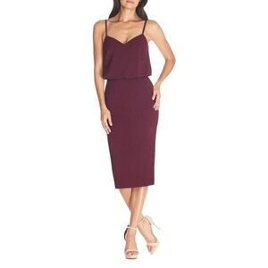 NWT Dress The Population Alondra Bubble Hem Blouson Top Midi Dress in Burgundy